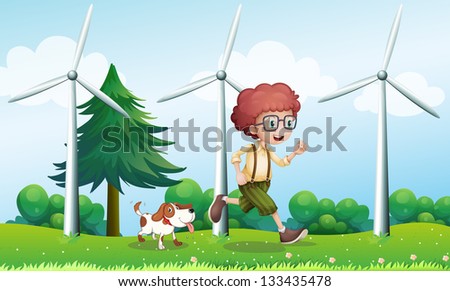 Illustration of a boy running with a dog near the three windmills