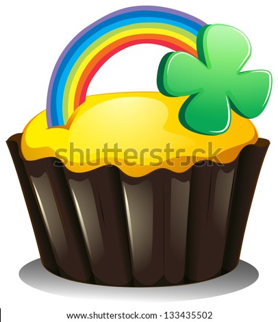 Illustration of a cupcake with a rainbow and a plant on a white background
