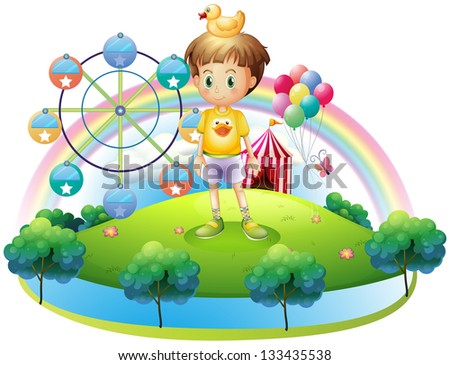 Illustration of a boy with a rubber duck in an island with a carnival on a white background
