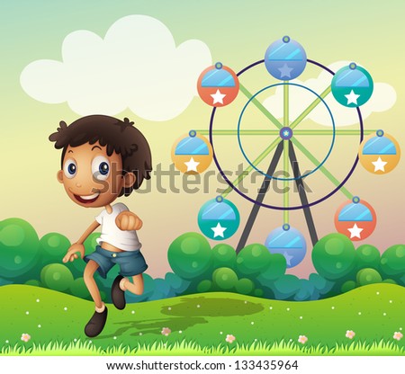 Illustration of a boy in front of a ferris wheel