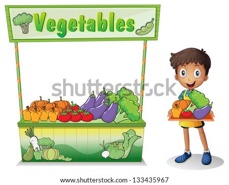 Illustration of a boy selling vegetables on a white background