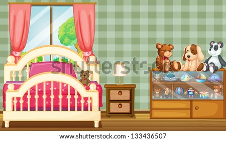 Illustration of a clean bedroom with a lot of toys