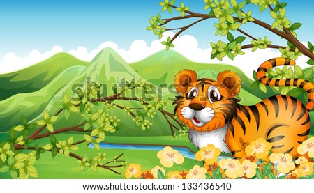 Illustration of a tiger in the mountain near the flowing river