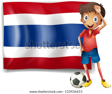 Illustration of a football player in front of the Thailand flag on a white background