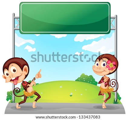 Illustration of the two playful monkeys in front of the empty green board on a white background