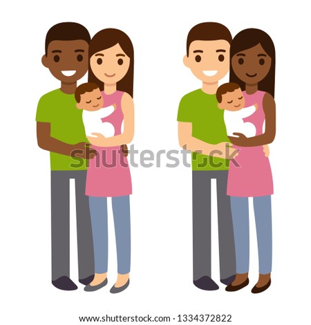 Interracial couple with newborn baby. Cute cartoon illustration of mixed race family.