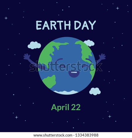 Cute planet Earth is smiling in space with clouds. Postcard, banner on Earth Day on April 22. Vector illustration in flat style.