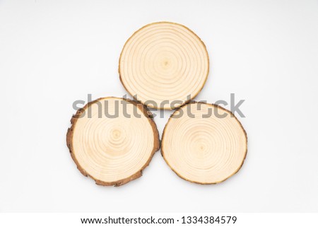 Three pine tree cross-sections with annual rings on white background. Lumber piece close-up, top view, isolated.