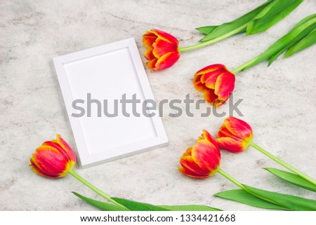 top view blank white frame and tulips frame on a marble background