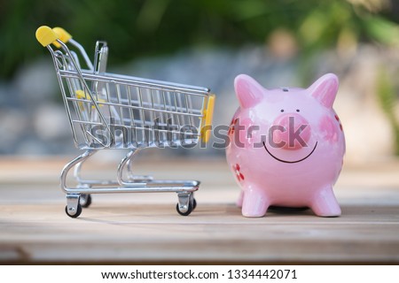 Small supermarket grocery push cart for shopping with piggy bank, Sale buy mall market shop consumer saving and budget concept.  