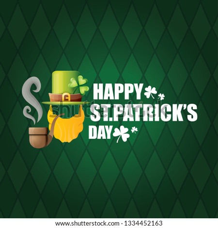 vector happy saint patricks day label with leprechaun, green hat, red beard and smoking pipe on green pattern background. saint patrick day poster or banner design template