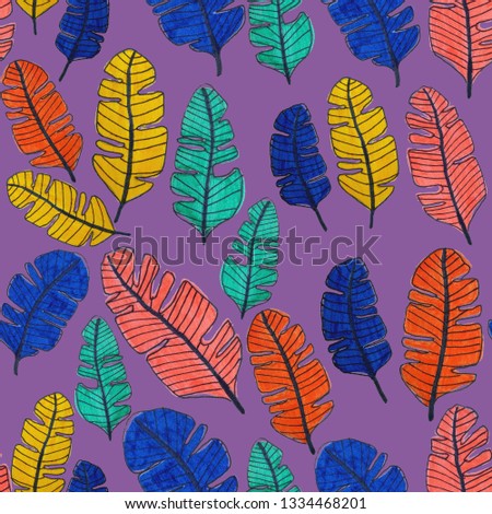 Seamless pattern with hand drawn tropical leaves 