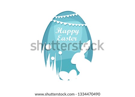 Paper cut vector of easter rabbit, grass, flowers and blue egg shape on white background. Happy easter greeting card template