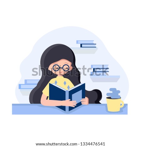 Girl in flat style sitting on the table with book and drinking coffee. Character teacher
