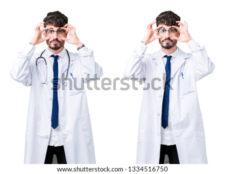 Collage of young doctor man wearing medical coat Trying to open eyes with fingers, sleepy and tired for morning fatigue