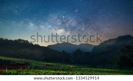 Beautiful strawberry green field with milkyway in night sky landscape at Chiangmai, Thailand Royalty-Free Stock Photo #1334529914