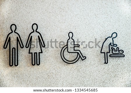 Restroom male female pregnant cripple oldster and baby sign 