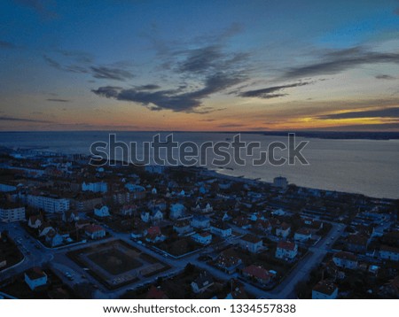 Aerial photo of a suburban area of Helsingborg, Sweden with Oresund and Denmark in the background.