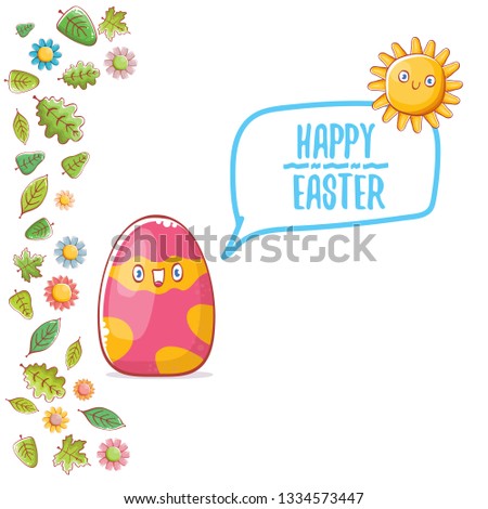 Happy easter cartoon greeting card with cute colorful cartoon egg character and sun isolate on white background with green leaves and spring flowers. Vector Happy easter creative concept illustration 