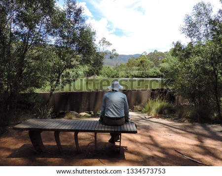 A lonely man sitting on a bench by a pond waiting for the platypus to emerge on the surface of water. Tidbinbilla Nature Reserve, Canberra, ACT, Australia