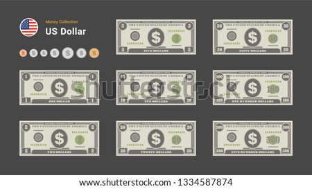 US Dollar bills. American money banknotes and coins. Currency vector set. Stylized drawing of bills. Flat vector illustration. Royalty-Free Stock Photo #1334587874