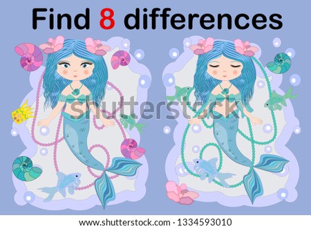 Education game for preschool kids, find the differences. Beautiful mermaid with a string of pearls. Cartoon illustration