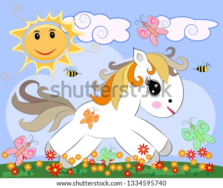White pony in a clearing with flowers, rainbow, sun. Child illustration, fairy-tale character, dreamer.