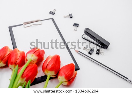 Flat Lay top view Photo of pencils, paper clips, stapler and notepad on abstract background with copy space. Creative flat lay photo of workspace desk with  tulips. Labor day, 