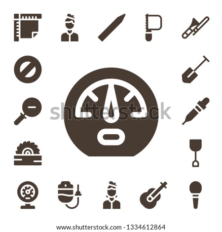 instrument icon set. 17 filled instrument icons.  Simple modern icons about  - Ruler, Protractor, Zoom out, Dashboard, Saw, Shovel, Pipette, Meter, Artist, Dropper, Pencil, Guitar