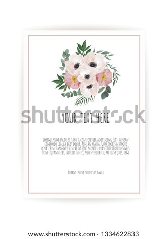 Vector floral design card. Greeting, postcard wedding invite template. Elegant frame with rose and anemone