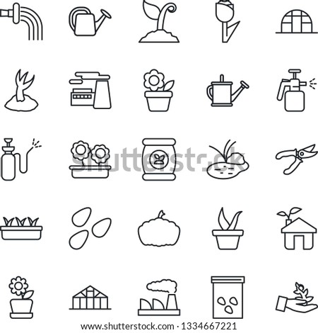 Thin Line Icon Set - factory vector, flower in pot, seedling, watering can, sproute, pruner, pumpkin, greenhouse, seeds, pond, garden sprayer, fertilizer, tulip, eco house, palm