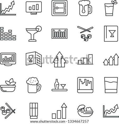 Thin Line Icon Set - growth statistic vector, monitor, barcode, equalizer, scanner, statistics, bar graph, alcohol, wine card, drink, cocktail, phyto, beer, salad, sushi, arrow up