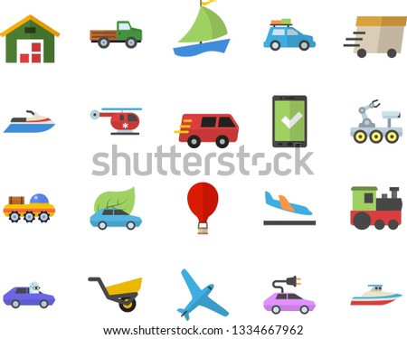Color flat icon set pickup truck flat vector, garden wheelbarrow, eco cars, electric, autopilot, trucking, express delivery, sailboat, warehouse, helicopter, lunar rover, aircraft fector, train, car