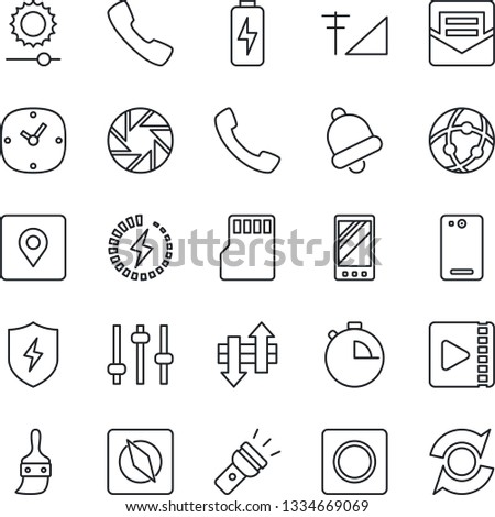 Thin Line Icon Set - mobile vector, phone back, call, camera, protect, tuning, themes, clock, stopwatch, bell, mail, record, sd, network, data exchange, torch, brightness, place tag, compass, video
