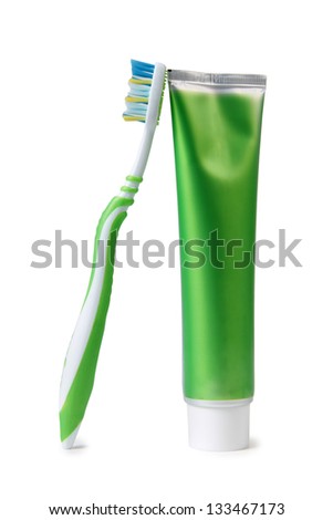 Color photo of a tube of toothpaste and a toothbrush Royalty-Free Stock Photo #133467173