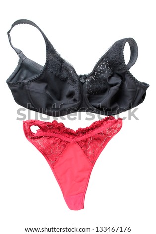 Color photo of female panties and bra on white background