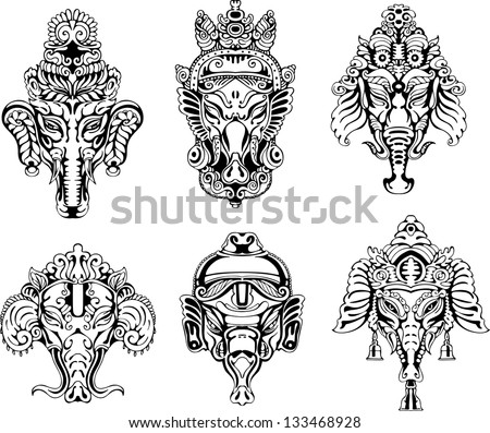Symmetric Ganesha masks. Set of black and white vector illustrations. Royalty-Free Stock Photo #133468928