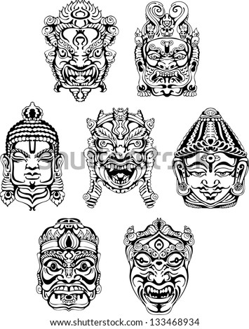 Hindu deity masks. Set of black and white vector illustrations. Royalty-Free Stock Photo #133468934