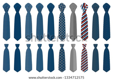 Illustration on theme big set ties different types, neckties various size. Tie pattern consisting of collection textile garments necktie for celebration vacation. Necktie tie is accessory brutal man.
