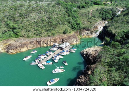 Aerial view of Blue Lagoon of Capitolio with beatiful landscape. Capitolio, Minas Gerais, Brazil. Furnas's dam. Tropical travel. Travel destination. Vacation travel.