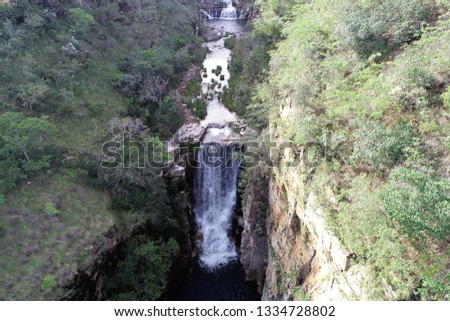 Aerial view of a beautiful waterfall in Capitolio, Minas Gerais, Brazil. Capitolio's lagoon. Furnas's dam. Tropical travel. Travel destination. Vacation travel.