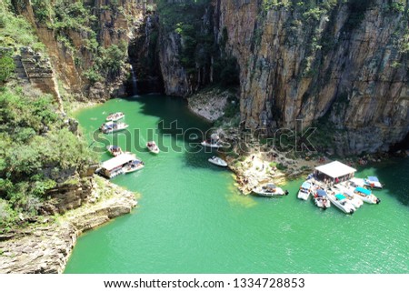 Aerial view of famous Canyons of Capitolio's lagoon. Capitolio, Minas Gerais, Brazil. Beauty landscape. Furnas's dam. Tropical travel. Travel destination. Vacation travel.