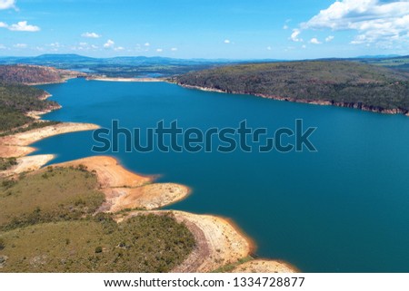 Aerial view of Capitolio's Lagoon with beatiful landscape. Capitolio, Minas Gerais, Brazil. Furnas's dam. Tropical travel. Travel destination. Vacation travel.