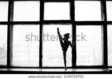 Little girl gymnast, performs various gymnastic and fitness exercises. The concept of childhood and sport, a healthy lifestyle.