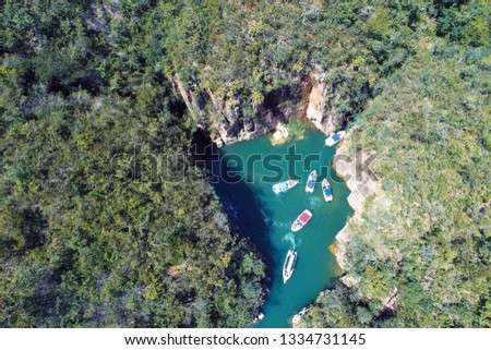 Aerial view of Valley of the Toucans with a beautiful canyons. Capitolio, Minas Gerais, Brazil. Furnas's dam. Tropical travel. Travel destination. Vacation travel.