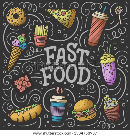 Vintage illustration with fast food doodle elements and lettering on background for concept design, menu. Vector illustration for any purposes.