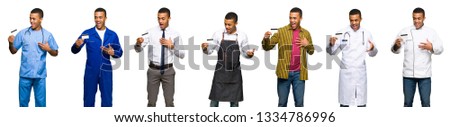 Set of doctor, barber and businessman holding a credit card and surprised