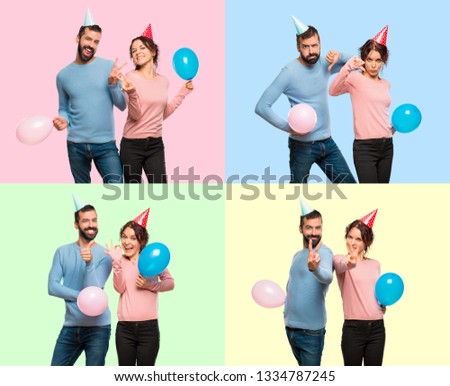Set of couple with balloons and birthday hats showing thumb down and victory gesture