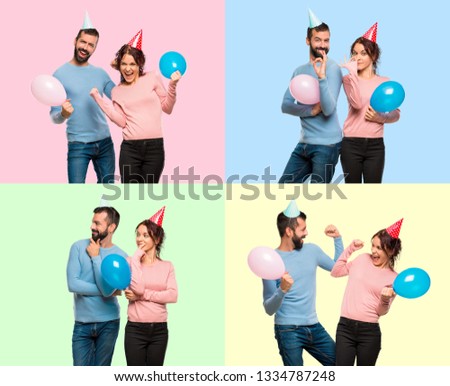 Set of couple with balloons and birthday hats showing an ok sign with fingers
