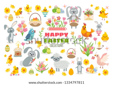 Set of easter characters and design elements. Easter collection in flat style. Vector cartoon person. Spring Creative modern concept. Easter bunny, chickens, eggs and flowers.